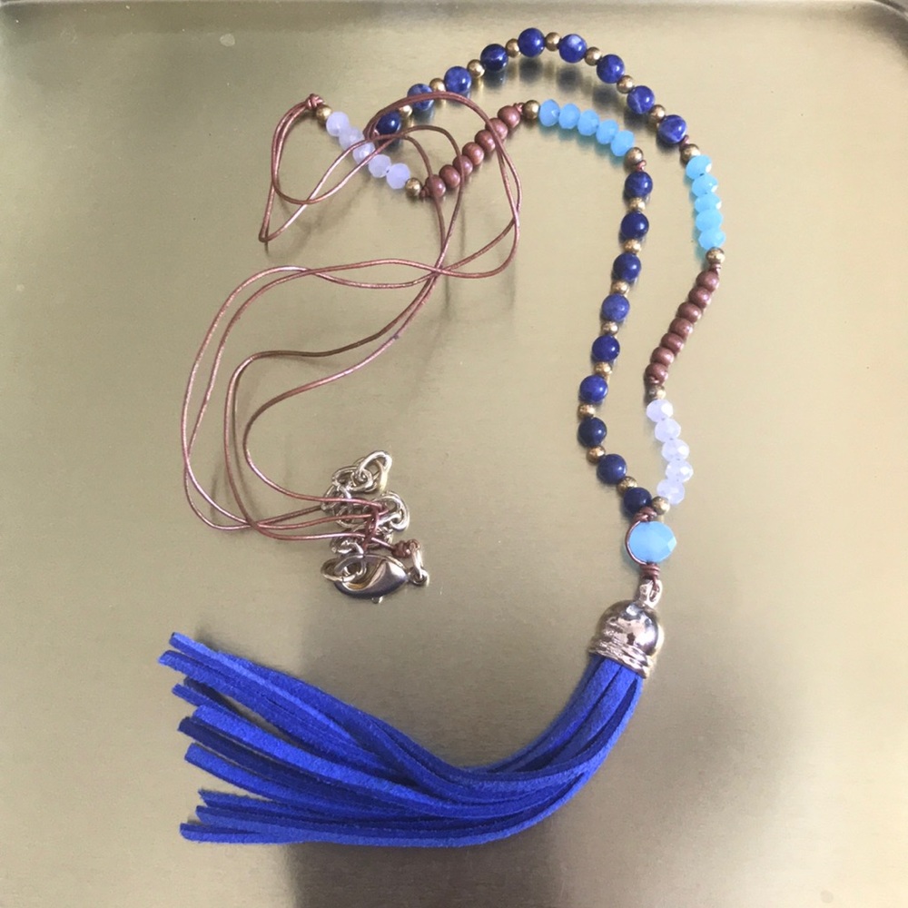 Blue beaded tassel necklace